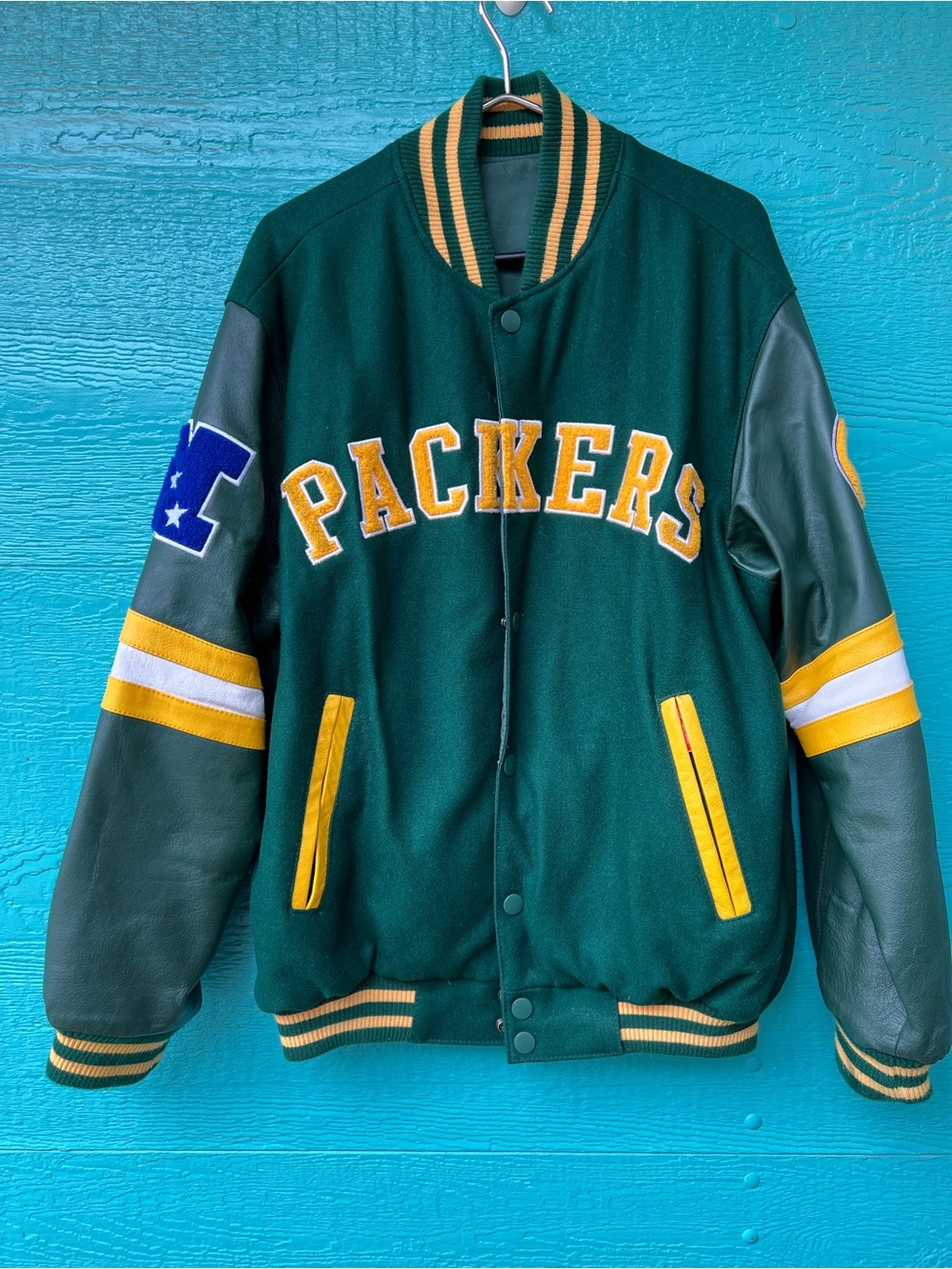 NFL Green Bay Packers Reversible Wool Leather Varsity Bomber Jacket SIZE MEDIUM